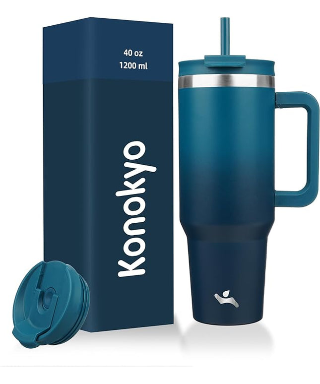 40 oz Tumbler with Handle and 2 Straws,2 in 1 Lid Insulated Water Bottle Stainless Steel Travel Coffee Mug,Indigo Black