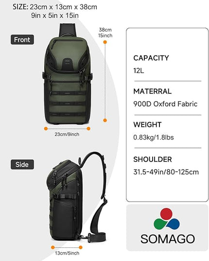 Somago Sling Backpack with USB Charging Port Water-Resistant Tactical Backpack Crossbody Chest Bag with Anti-theft Pocket