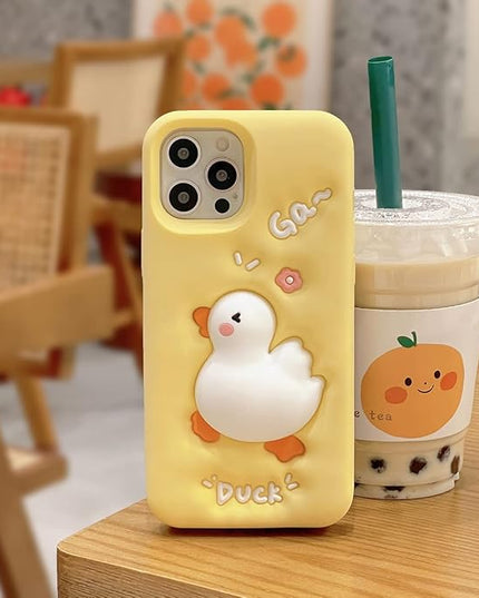 Case Compatible with iPhone 16 Pro,Cute 3D Kawaii Funny White Duck Cartoon Cover with Keychain Soft Silicone Gel Drop Protector Women Girls