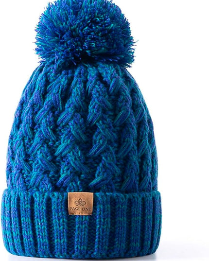 PAGE ONE Womens Winter Ribbed Beanie Crossed Cap Chunky Cable Knit Pompom Soft Warm Hat