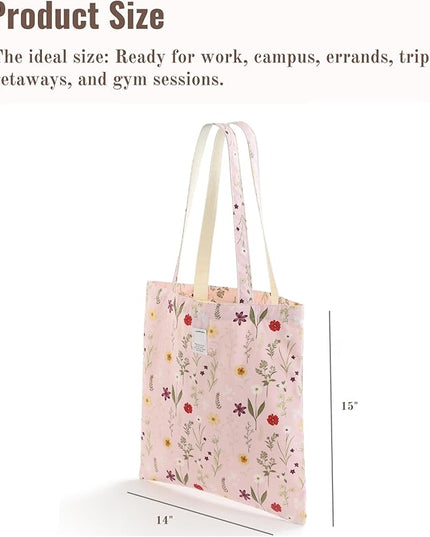 Floral Cotton Canvas Tote Bag for Women: 14x15 Inches Reusable Grocery Bag for Work, School, Travel, Gym
