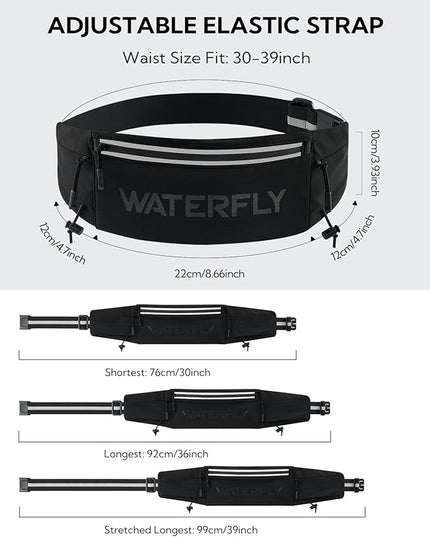 WATERFLY Running Belt Fanny Pack: Breathable 3 Pocket Waist Bag for Men Women Workout Exercise Fitness Phone Holder Fits All Phones - Runner Marathon Jogging Race Belt with Bib Clip Black