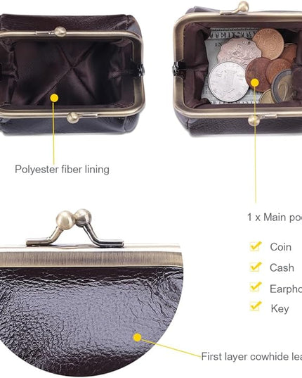 Plinvo Mini Genuine Leather Coin Purse for Women Vintage Kiss Lock Change Organizer Blue (Coffee)