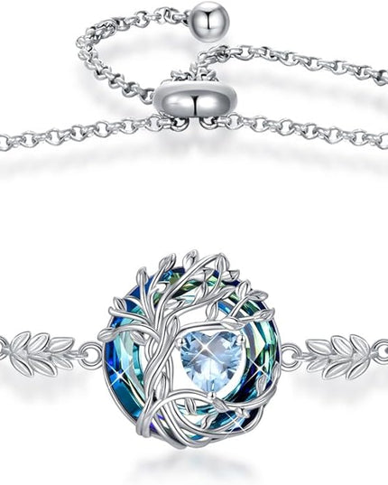 TOUPOP Tree of Life Birthstone Bracelet 925 Sterling Silver Family Tree Austrian Crystal Jewelry Anniversary Birthday Christmas Gifts for Women Wife Girlfriend Her