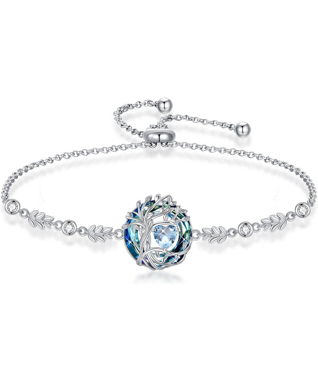 TOUPOP Tree of Life Birthstone Bracelet 925 Sterling Silver Family Tree Austrian Crystal Jewelry Anniversary Birthday Christmas Gifts for Women Wife Girlfriend Her