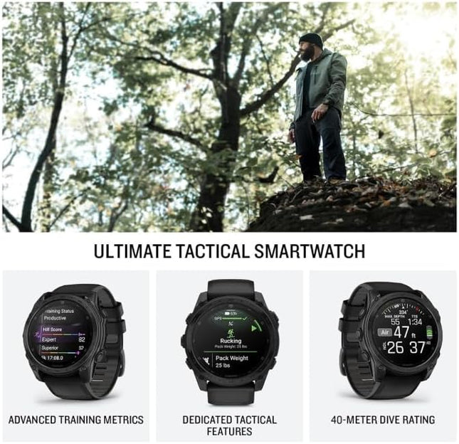 Garmin Tactix 8, 47mm AMOLED Display, Titanium Bezel, Sapphire Lens, Premium Tactical GPS Smartwatch, Includes Applied Ballistics Ultralight Solver, 40M Dive Rating, w/Wearable4U BlackEarbuds Bundle