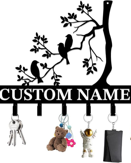 Personalized Custom Name Birds of Trees Wall Key Hooks,Metal Birds of Trees Art Clothes Hooks,Metal Birds of Trees Wall Home Storage Decorative,For Front Door, Hallway, Kitchen, Bedroom(Style G)