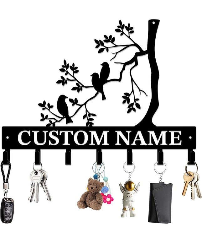 Personalized Custom Name Birds of Trees Wall Key Hooks,Metal Birds of Trees Art Clothes Hooks,Metal Birds of Trees Wall Home Storage Decorative,For Front Door, Hallway, Kitchen, Bedroom(Style G)