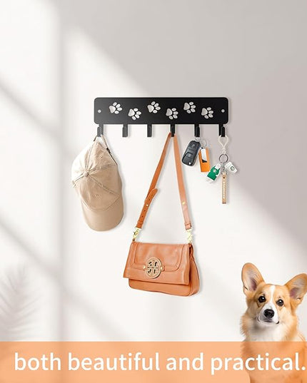 Key Hooks Key Holder Decorative Dog Leash Holder for Wall, 6 Hooks 9.75×2.73 inch for Wall Decorative Animal Storage Rack Adhesive, Black Hooks for Entrance Living Room Kitchen-Gifts for Dog Lovers