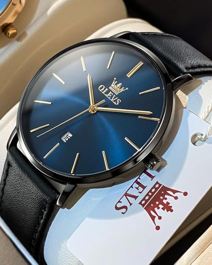 OLEVS Mens Watches Mens Leather Watch Ultra Thin Watches for Men Minimalist Watch with Leather Band Quartz Analog Dress Casual Simple Lightweight relojes para Hombres