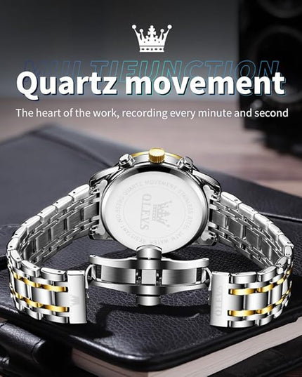 OLEVS Mens Watch Luxury Big Face Stainless Steel Analog Quartz Multifunctional Waterproof Luminous Date Two Tone Fashion Dress Wrist Watches for Man