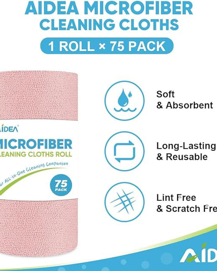 AIDEA Microfiber Cleaning Cloth Roll, 75PK, Tear Away Reusable Paper Towels, Pink Towels Lint Free Rags for House, Kitchen, Car Cleaning Supplies, 11.5"×11.5"