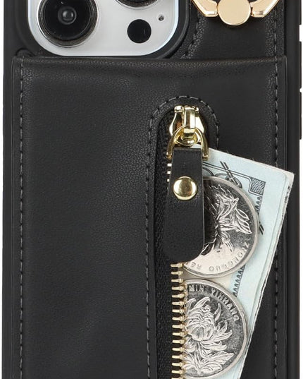 for iPhone 15 Pro Wallet Case with Card Holder, for iPhone 15 Pro Case Wallet with Strap Credit Card Slot, Crossbody Bag with Zipper Case for iPhone15 Pro - Black
