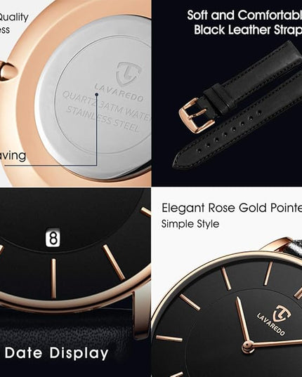 L LAVAREDO Watch for Men, Extremely Thin Mens Watches Minimalist Analog Men's Leather Wrist Watches with Time/Date, Birthday Gift for Men Boyfriend