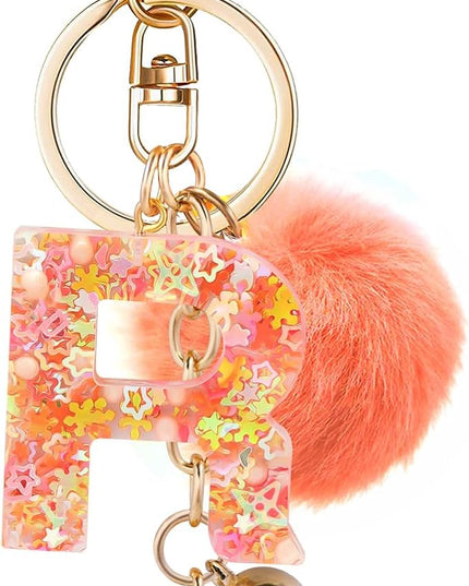 Resin Alphabet Initial Letter Keychain Keyring for Women Purse Handbags With Fur Ball Pom