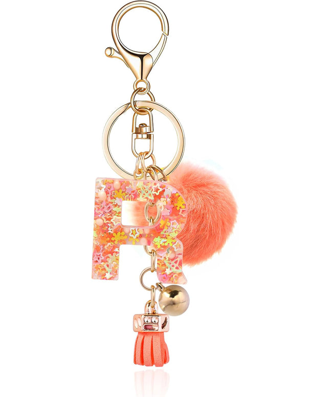 Resin Alphabet Initial Letter Keychain Keyring for Women Purse Handbags With Fur Ball Pom