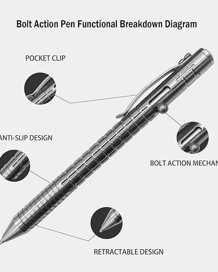 Metal Bolt Action Pen: Heavy-Duty Stainless Steel EDC Ballpoint Pen with Retractable Mechanism and Pocket Clip - Refillable, Designed for Smooth Writing