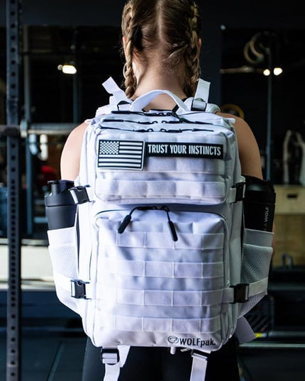 WOLFpak 35L Athletic Gym Backpack - Durable 1000D Waterproof Oxford Material with MOLLE Webbing, Laptop Pocket & Dual Cup Holders, Durable Fitness/Travel/Military Daypack (Polar White)