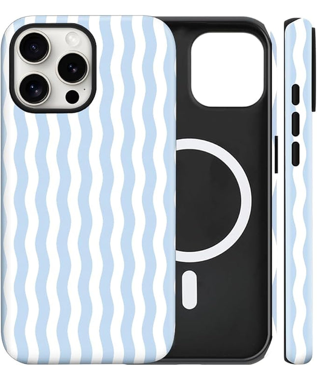 Magnetic for iPhone 16 Pro Case Cute Wavy Stripes Phone Case, Shockproof Slim TPU and Hard PC Protective Phone Cover Compatible with MagSafe Designed for Women Girls, Blue