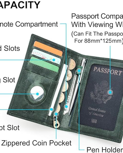 CONTACTS Full Grain Leather Passport Holder RFID Blocking Travel Passport Wallet Compatible Airtag Passport Cover Case with 4 Card Slots, Coin Pocket (Badge, Green)