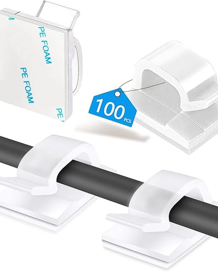 100PCS Cable Clips, Adhesive Wire Clips Organizer Cord Clips Management, Cable Staples Outdoor Strong for Wall, Desk, Christmas Lights, String Lights, TV PC Ethernet Cable, Clear Small