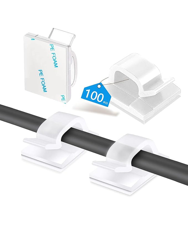 100PCS Cable Clips, Adhesive Wire Clips Organizer Cord Clips Management, Cable Staples Outdoor Strong for Wall, Desk, Christmas Lights, String Lights, TV PC Ethernet Cable, Clear Small