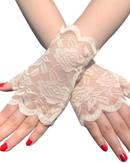 Women's Short Lace Gloves Fingerless for Driving Wedding Wrist Length Bridal Prom Gloves