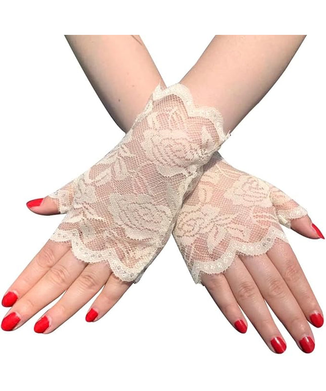 Women's Short Lace Gloves Fingerless for Driving Wedding Wrist Length Bridal Prom Gloves