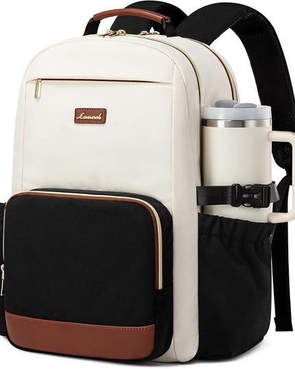 LOVEVOOK Laptop Backpack for Women with Pouch Pocket for Large Capacity Cup,15.6 Inch Laptop Computer Bag Travel Backpack Purse,Waterproof Work Business Backpack College Teacher Bags,Beige-Black-Brown