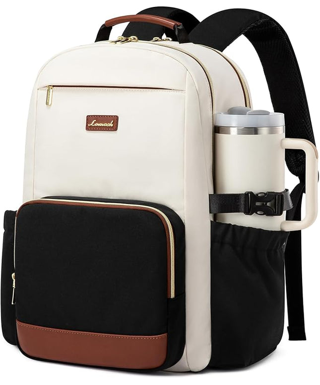 LOVEVOOK Laptop Backpack for Women with Pouch Pocket for Large Capacity Cup,18 Inch Laptop Computer Bag Travel Backpack Purse,Waterproof Work Business Backpack College Teacher Bags,Beige-Black-Brown