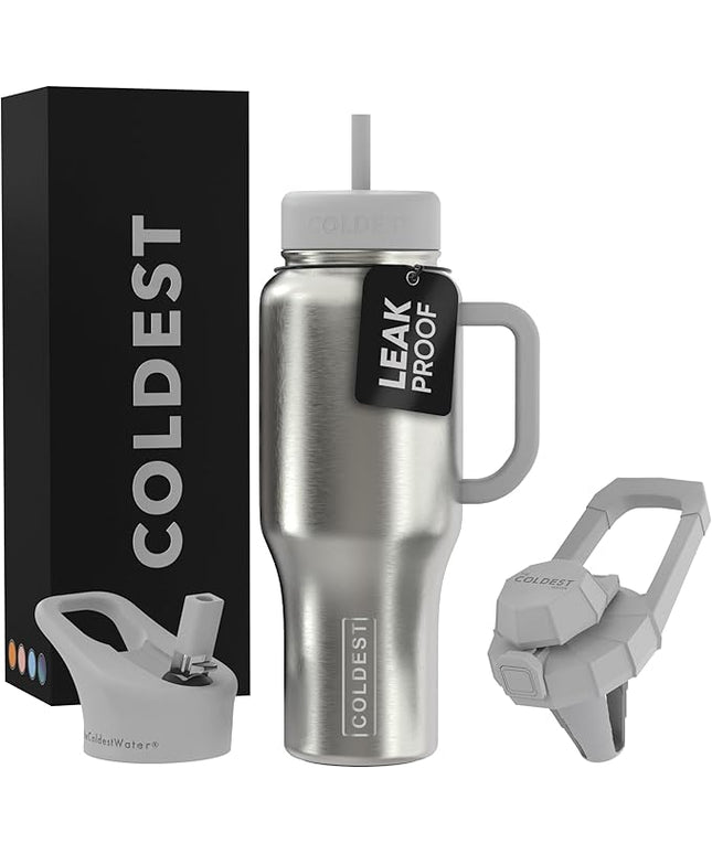 Coldest Tumbler with Handle and Straw - 100% Leak Proof Insulated Tumbler with Lid and Straw (3 Lids) - Stainless Steel Tumblers for Women & Men, Cup Holder Friendly Base, 36 oz (Polished Steel)