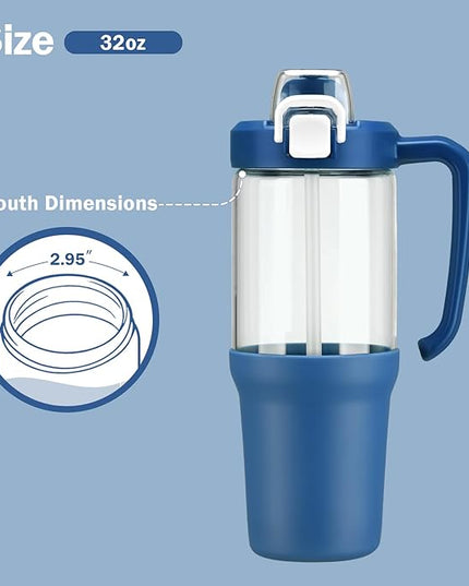 32oz Glass Water Bottle, 2-in-1 Straw and Sip Spout Lid, Leakproof Wide Mouth Tumbler with Handle, BPA-Free Reusable Bottle for Sports, Office, Outdoor, DBlue
