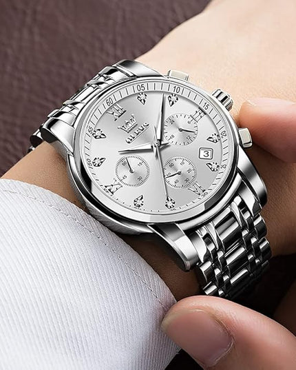 OLEVS Men's Luxury Watch Waterproof Luminous Easy Read Chronograph Watches Full Gold/White Dail/Black Face with Calendar Wristwatch