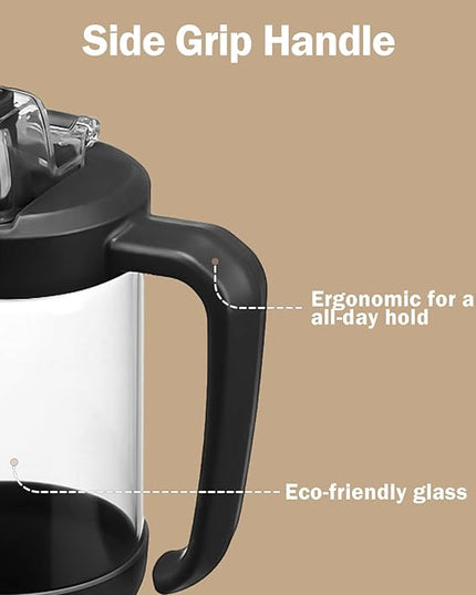 32oz Glass Water Bottle, 2-in-1 Straw and Sip Spout Lid, Leakproof Wide Mouth Tumbler with Handle, BPA-Free Reusable Bottle for Sports, Office, Outdoor, Black