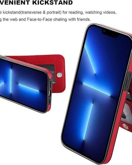 KIHUWEY Compatible with iPhone 13 Pro Max Case Wallet with Credit Card Holder, Premium Leather Magnetic Clasp Kickstand Heavy Duty Protective Cover for iPhone 13 Pro Max 6.7 Inch (Lichee Red)