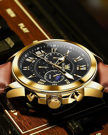 OLEVS Men's Watches Leather Strap Analog Quartz Watch, Fashion Big Dial Date Waterproof Watch, Dress Luxury Luminous Men Watches