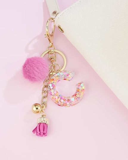 Resin Alphabet Initial Letter Keychain Keyring for Women Purse Handbags With Fur Ball Pom