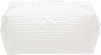 PAZIMIIK Cozy Makeup Bag Travel Cosmetic Bag for Women Soft Toiletry Bag Aesthetic Makeup Organizer Portable Large Zipper Pouch for Skincare Beauty Accessories Brushes Waffle Check Cream White