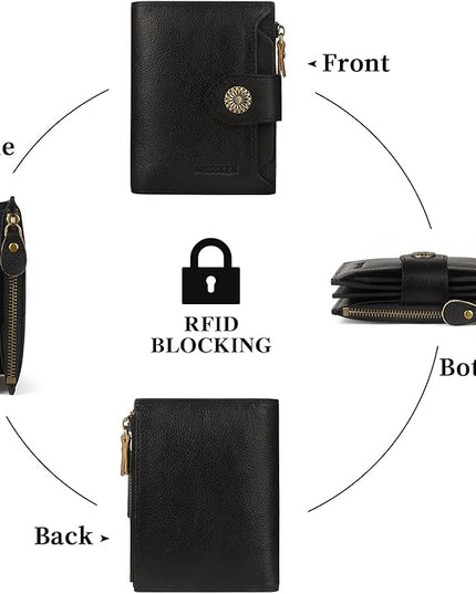 MKSSKEN Wallet Women,Rfid Blocking Leather Womens Wallet,Bifold Compact Carteras Para Mujer Card Holder with Removable ID Window(black)