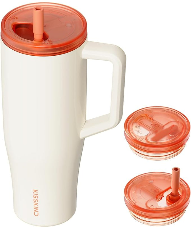 KISSKIND 40 oz Lumispin Tumbler with Handle and Hidden Straw, 100% Leak Proof Water Cup with Handle, Insulated Water Bottle for Travel, Mom, Nurse, Teacher, Student, Velvety Cream