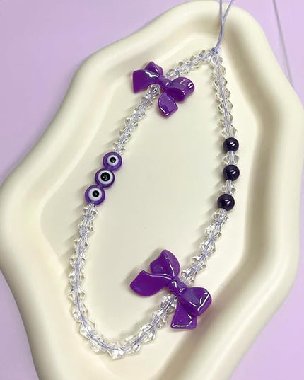 Handmade Evil Eye Phone Charm Strap – Purple Beaded Phone Chain with Pearl & Bow Pendant, Cute Wrist Strap Phone Lanyard for Women Girls