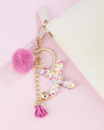 Resin Alphabet Initial Letter Keychain Keyring for Women Purse Handbags With Fur Ball Pom