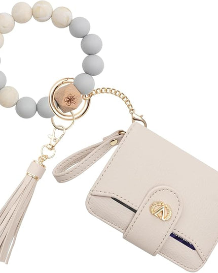 Multi-Purpose Wallet High Capacity Card Holder Zipper Coin Purse with Wristlet Bracelet Keychain Silicone Beaded Bangle Key Ring