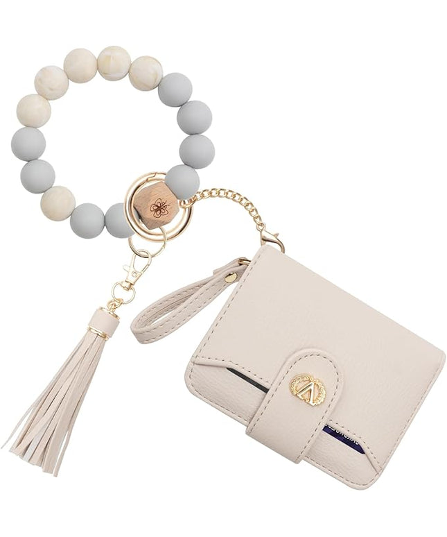 Multi-Purpose Wallet High Capacity Card Holder Zipper Coin Purse with Wristlet Bracelet Keychain Silicone Beaded Bangle Key Ring