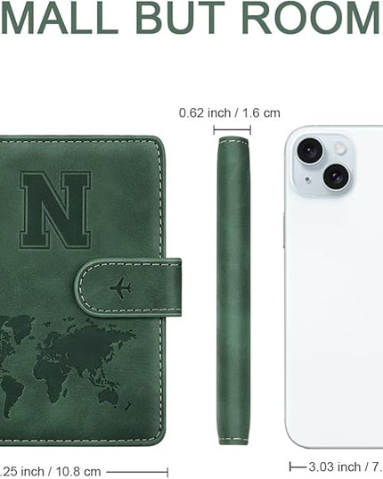 Personalized N Passport Holder Cover Initial Letter Travel Wallet RFID Blocking Passport Cover Credit Card Holder Case Passport Book Holders for Women and Men, Pine Green-N