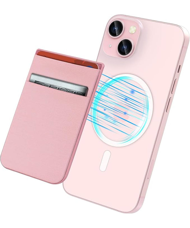 imluckies Magnetic Wallet for iPhone Magsafe, Double Stretchy Fabric Pocket Wallet, Magnet Credit ID Card Wallet Holder for iPhone 17 Pro Max / 17 Pro / 17/16 / 15/14 / 13/12 Series, Pink