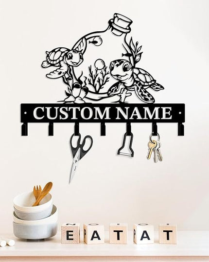 Casebrick Custom Sea Turtle Metal Wall Hooks,Key Holder-Personalized Iron Wall Decor for Keys, Coats & Home Organization (Black, Handmade,Decorative for Entryway, Beach,Bedroom,Office) (Style F)