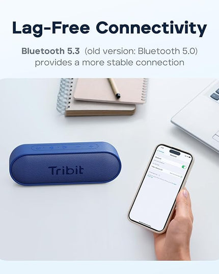Tribit XSound Go Bluetooth Speaker with 16W Loud Sound & Rich Bass, 24H Playtime, IPX7 Waterproof, Wireless Stereo Pairing, USB-C, Portable Wireless Speaker for Home, Outdoors, Travel (Blue)