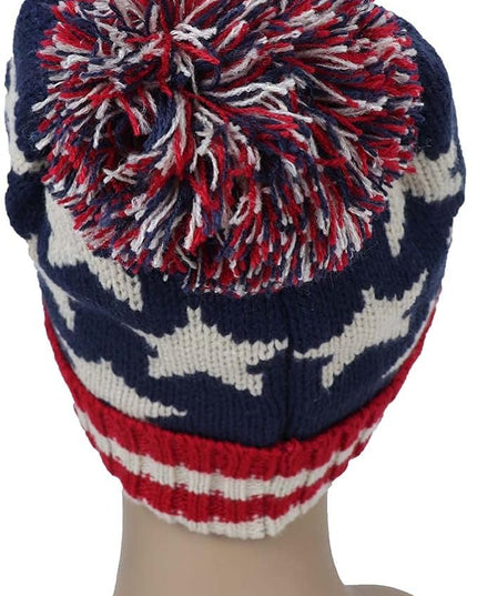 Parquet American Flag Knit Pom Beanie Ski Hat with Stars