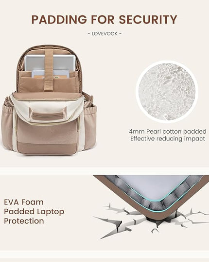 LOVEVOOK Laptop Backpack for Women with Pouch Pocket for Large Capacity Cup,18 Inch Laptop Computer Bag Travel Backpack Purse,Waterproof Work Business College Teacher Backpack,Beige-Nude-Logam Plum